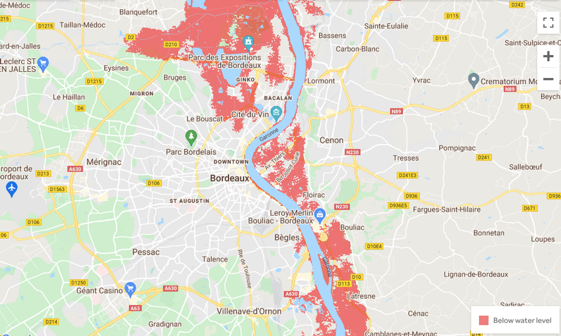 Projection sur carte d'une montée des eaux d'un mètre dans la métropole bordelaise